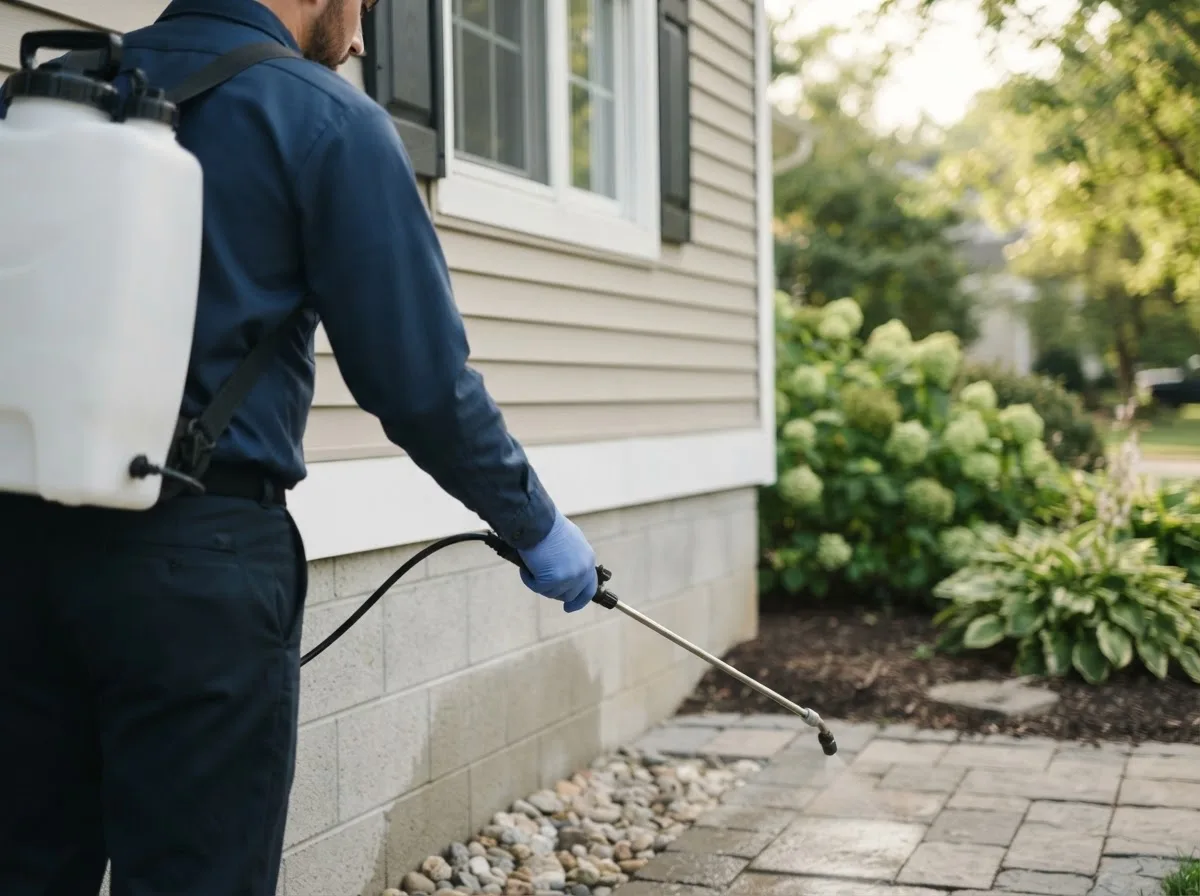Pest control technician inspecting a home in Okahumpka, FL